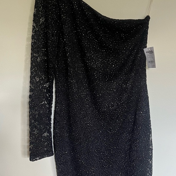 CHARLOTTE RUSSE Black Sparkly Lace Mini Dress Long Sleeve One Shoulder - Picture 3 of 9